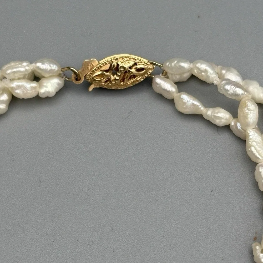 Triple Strand Freshwater Pearl Bracelet 14kt Gold Filigree Clasp 7.25